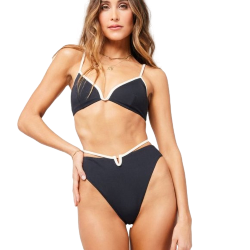 NWT l*space Joy Bitsy Bikini‎ Bottom Black Cream White V Wrap Tie Waist XS